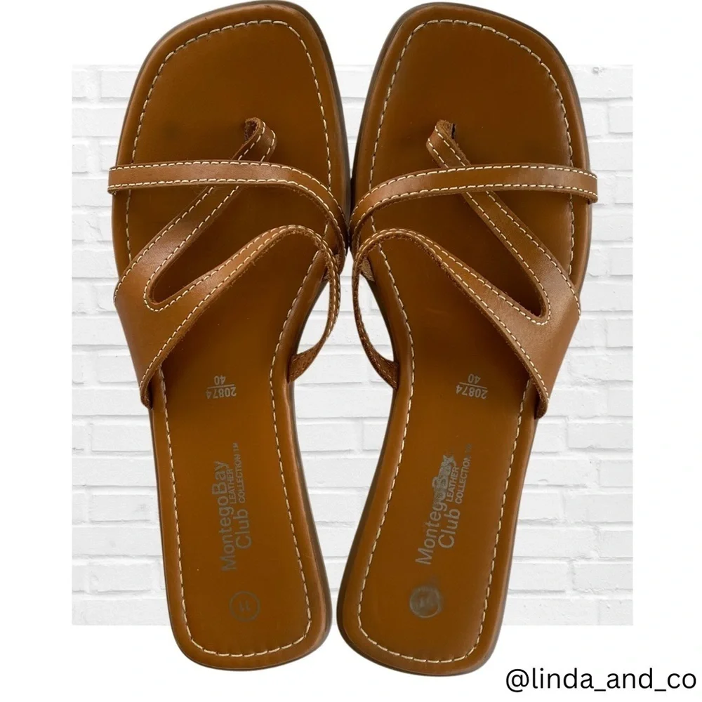 Montego Bay Club Brown Leather Square Toe Strap Women's Size 11 Strappy Sandals